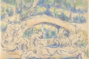 素描合集-Paul Cézanne--Bathers by a Bridge (recto); Study after Houdon's Ecorché
