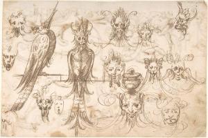 素描合集-attributed to Andrés de Melgar--Grotesque Masks and Birds (recto); Vertical Grotesques