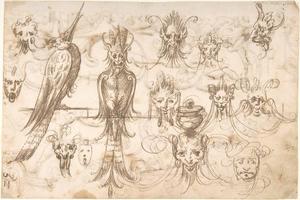 素描合集-attributed to Andrés de Melgar--Grotesque Masks and Birds (recto); Vertical Grotesques