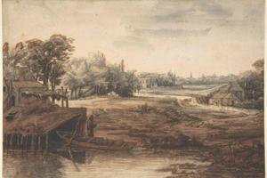 素描合集-Philips Koninck--River Landscape with a Man Standing