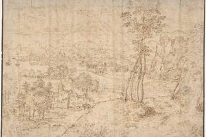 素描合集-Attributed to Matthijs Cock--Landscape with a Town by the Seashore
