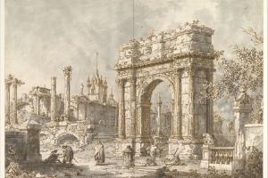 素描合集-Canaletto--Capriccio with a Roman Triumphal Arch