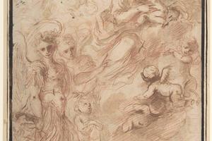 素描合集-Bartolomeo Biscaino--Saint Michael the Archangel and Another Figure Recommending