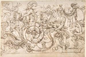 素描合集-attributed to Andrés de Melgar--Term and Seated Satyr - Grotesque Holding Shell