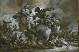 素描合集-Francesco Casanova--Cavalry Skirmish with a Fallen Drummer at Left