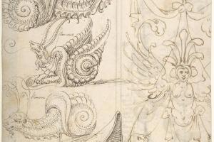素描合集-attributed to Andrés de Melgar--Grotesque at Right with Winged Female; and Lion Mask