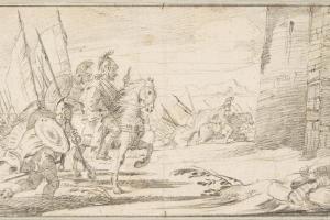 素描合集-Giovanni Battista Tiepolo--Illustration for a Book Troops Advancing toward a City Gate