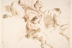 素描合集-Giovanni Battista Tiepolo--Two Seated Satyrs and a Child Satyr