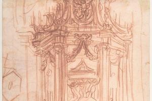 素描合集-Baldassarre Franceschini--Design for a Catafalque (recto); Female Saint Kneeling