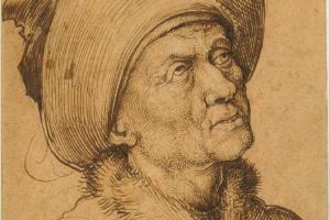 素描合集-Martin Schongauer--Bust of a Man in a Hat Gazing Upward