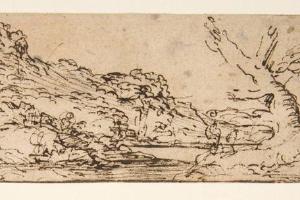 素描合集-Salvator Rosa--Landscape with hills and a lake, trees in right foreground