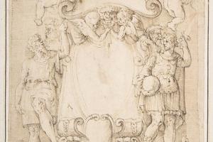 素描合集-Battista Franco--Drawing of Cartouche with Bearded Man Left, Young man crowned