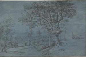 素描合集-Lucas van Uden--Wooded Landscape with a House by a River