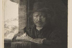 素描合集-Rembrandt--Self-Portrait Drawing at a Window