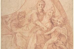素描合集-Baldassarre Franceschini--Allegorical Figure of Purity with a Unicorn and Two Putti