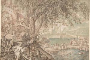 素描合集-Pieter Stevens--Huntsmen and Company Observing Dogs Retrieving Ducks