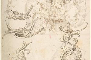 素描合集-attributed to Andrés de Melgar--Five Birds, Two Snails and a Cartouche with masks