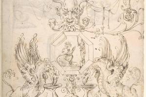素描合集-attributed to Andrés de Melgar--Grotesque with Satyr Head and Fan Above Octagonal