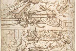 素描合集-attributed to Andrés de Melgar--Warrior Reclining, Over Reclining Cupid in Interior