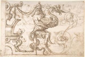 素描合集-attributed to Andrés de Melgar--Seated Satyr Holding a Shell - Dragon [horizontal]