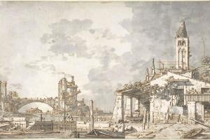 素描合集-Canaletto--Lagoon Capriccio (recto); Architectural Scene