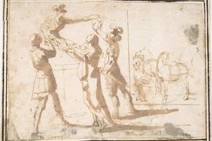素描合集-attributed to Francesco Allegrini--Enthroned Warrior Distributing Crowns