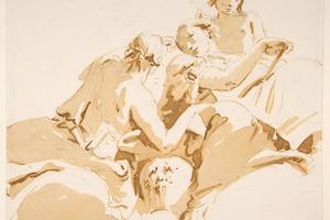 素描合集-Giovanni Battista Tiepolo--Two Seated Women and a Boy on Clouds