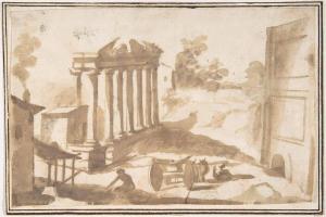 素描合集-attributed to Francesco Allegrini--Landscape with a Ruined Temple