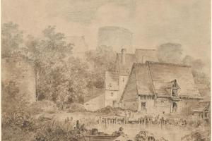素描合集-Jean Honoré Fragonard--Riverside Village Dominated