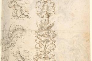 素描合集-attributed to Andrés de Melgar--Column of Grotesques with Dragons and Kneeling