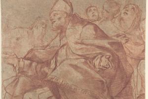 素描合集-Mattia Preti--Seated Bishop with Arms Extended and Three Attendant Figures