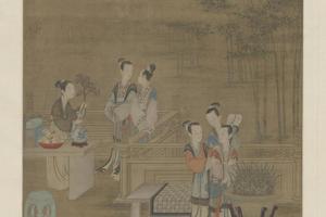 丁观鹏画宫妃话宠图轴