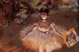 德加作品集-Dancer Onstage with a Bouquet - circa 1876 - Private collection - pastel