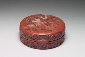 明 永乐  西元1403-1424年 永乐 剔红山水人物圆盒