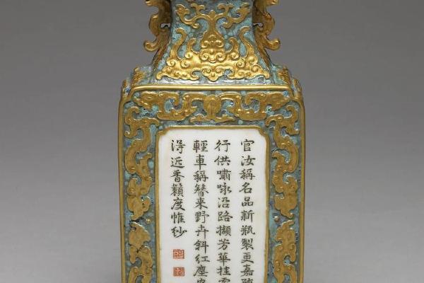 清 高宗  西元1736-1795年 乾隆 仿铜金彩诗文瓷轿瓶