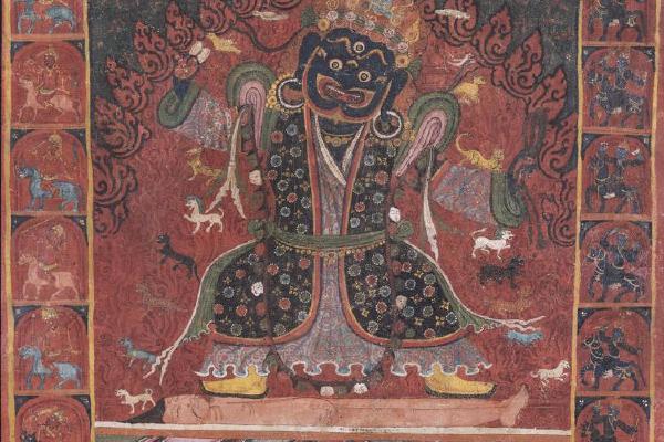唐卡黑袍持鼓护法西藏