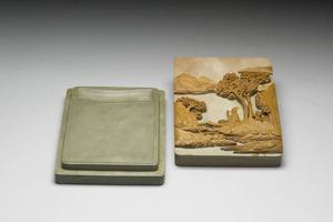 清 高宗  西元1736-1795年 乾隆 松花石山水人物砚