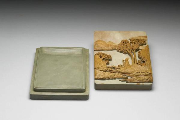 清 高宗  西元1736-1795年 乾隆 松花石山水人物砚