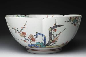 日本 江户时代  1670-1700年代 有田窑 柿右卫门类型 五彩花口碗