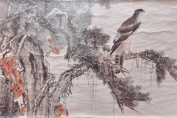 红叶秋鹰图轴
