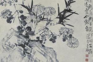 竹菊坡石图轴
