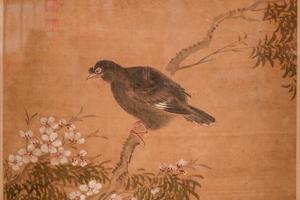八哥桃花图轴