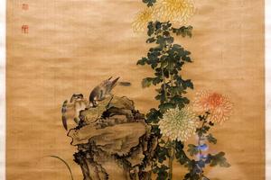 菊花小雀图轴