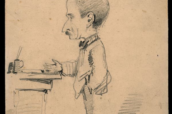 Caricature of a Man Standing by Desk 