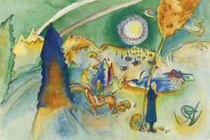 Aquarell 'Mit Wald und Regenbogen'