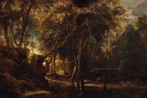 A Forest at Dawn with a Deer Hunt
