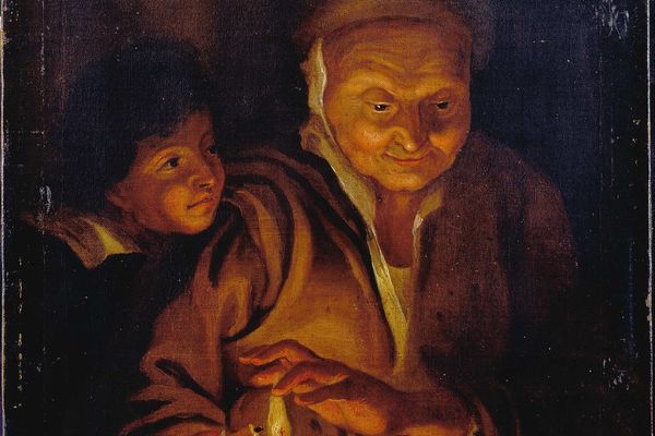 A Boy lighting a Candle from one held by an Old Woman