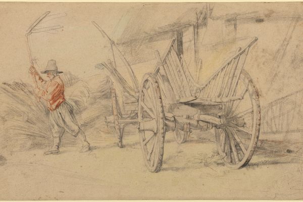 A Man Threshing Beside a Wagon, Farm Buildings Behind