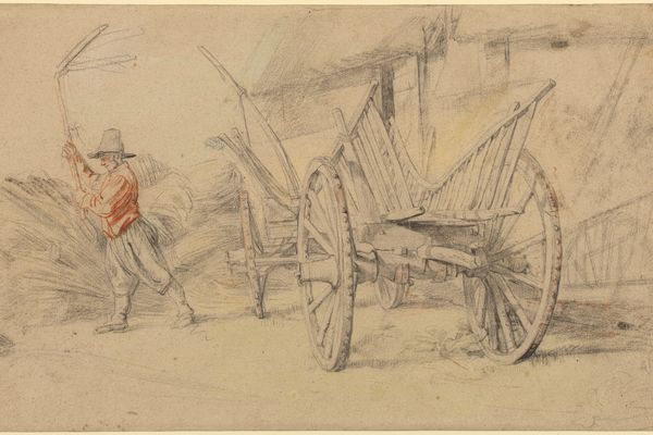 A Man Threshing Beside a Wagon, Farm Buildings Behind