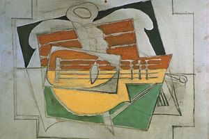 Guitare sur un tapis rouge